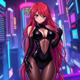 A sexy anime girl with long, flowing red hair that cascades down her back, accentuating her large breasts that enhance her seductive appearance