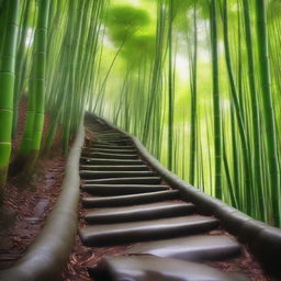 An incredibly realistic, high-quality photograph that perfectly captures a first-person perspective of a white stone stepped path descending down a mountain trail