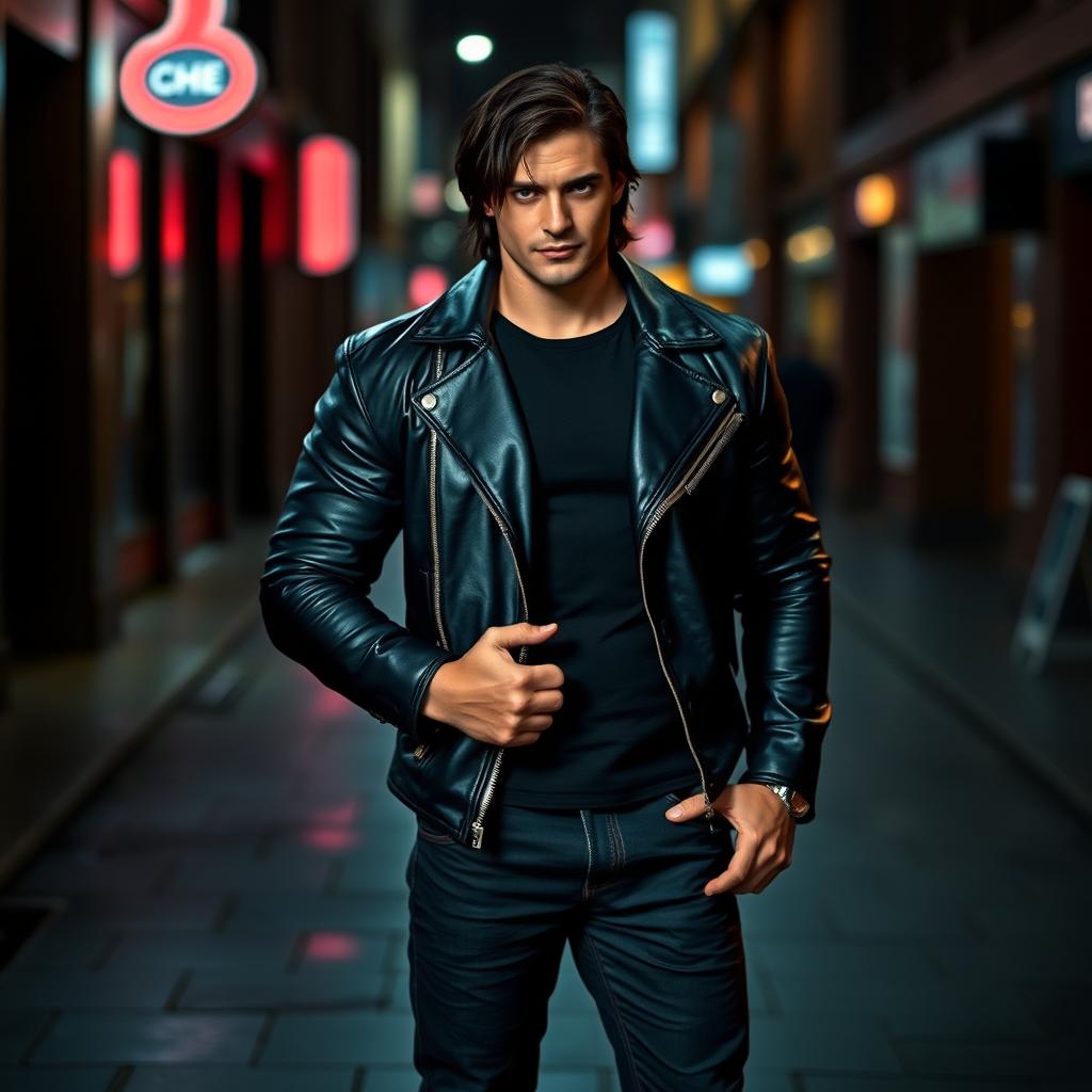 A strong man inspired by the appearance of Gabriel from Supernatural, featuring medium-length dark hair and an expressive face that conveys mischief and confidence