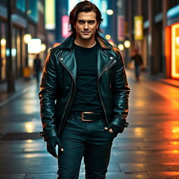 A strong man inspired by the appearance of Gabriel from Supernatural, featuring medium-length dark hair and an expressive face that conveys mischief and confidence
