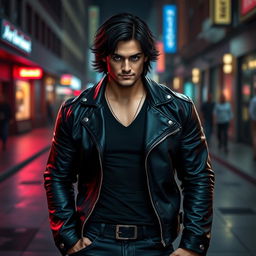 A strong man inspired by the appearance of Gabriel from Supernatural, featuring medium-length dark hair and an expressive face that conveys mischief and confidence