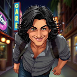 A charismatic man inspired by the appearance of Gabriel from Supernatural, featuring medium-length wavy dark hair and an expressive, playful face