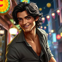 A charismatic man inspired by the appearance of Gabriel from Supernatural, featuring medium-length wavy dark hair and an expressive, playful face