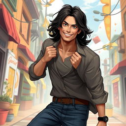 A charismatic man inspired by the appearance of Gabriel from Supernatural, featuring medium-length wavy dark hair and an expressive, playful face that radiates charm
