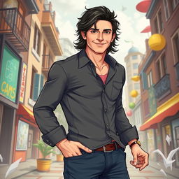 A charismatic man inspired by the appearance of Gabriel from Supernatural, featuring medium-length wavy dark hair and an expressive, playful face that radiates charm