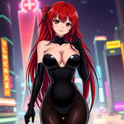 A sexy anime girl with long, flowing red hair that dramatically drapes over her shoulders and down her back, featuring large breasts that enhance her enticing silhouette