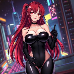 A sexy anime girl with long, flowing red hair that dramatically drapes over her shoulders and down her back, featuring large breasts that enhance her enticing silhouette