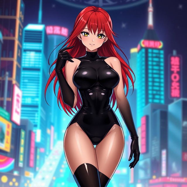 A sexy anime girl with long, flowing red hair that dramatically drapes over her shoulders and down her back, featuring large breasts that enhance her enticing silhouette