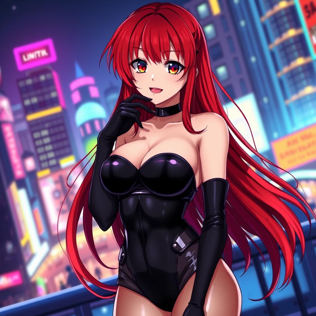 A sexy anime girl with long, flowing red hair that dramatically drapes over her shoulders and down her back, featuring large breasts that enhance her enticing silhouette