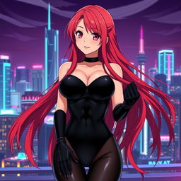 A sexy anime girl with long, flowing red hair that cascades down her back, showcasing her huge breasts that enhance her seductive figure