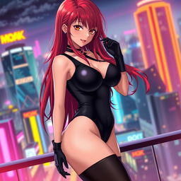 A sexy anime girl with long, flowing red hair that cascades down her back, showcasing her huge breasts that enhance her seductive figure