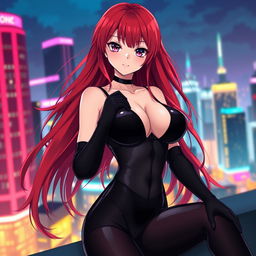 A sexy anime girl with long, flowing red hair that cascades down her back, showcasing her huge breasts that enhance her seductive figure