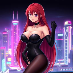 A sexy anime girl with long, flowing red hair that cascades down her back, showcasing her huge breasts that enhance her seductive figure