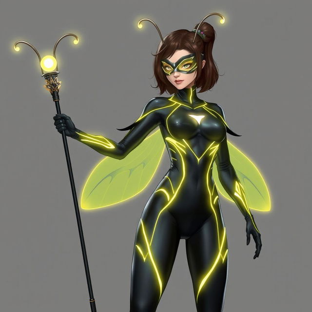 A female superhero wearing a sleek black suit adorned with luminous yellow details that trace her body like lines of bioluminescence