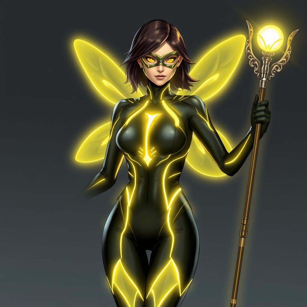 A female superhero wearing a sleek black suit adorned with luminous yellow details that trace her body like lines of bioluminescence