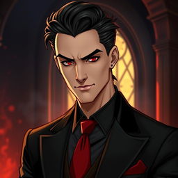 A stylish man inspired by the appearances of Crowley from Supernatural and Good Omens, featuring slicked-back dark hair with subtle curls and striking red-tinted eyes