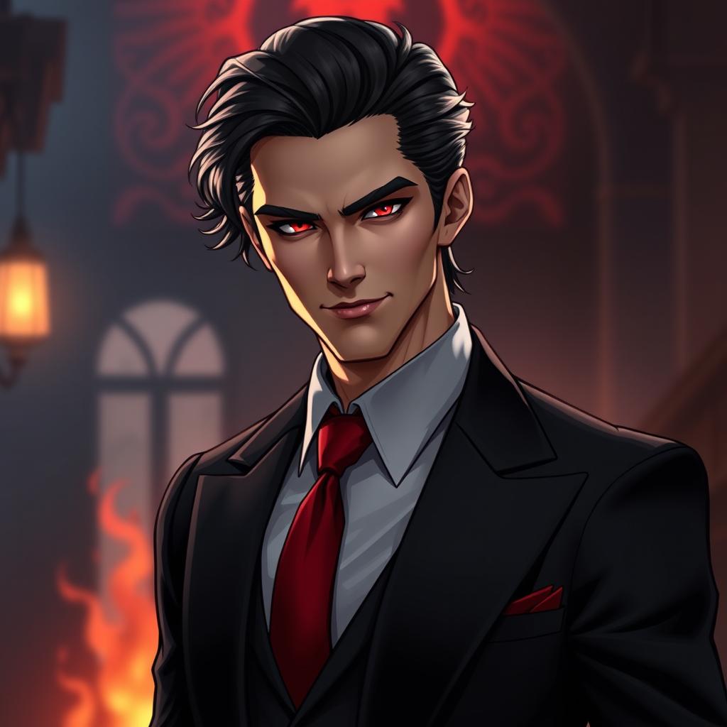 A stylish man inspired by the appearances of Crowley from Supernatural and Good Omens, featuring slicked-back dark hair with subtle curls and striking red-tinted eyes