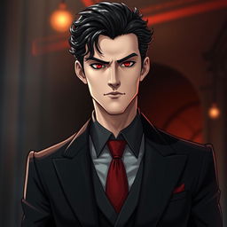 A stylish man inspired by the appearances of Crowley from Supernatural and Good Omens, featuring slicked-back dark hair with subtle curls and striking red-tinted eyes