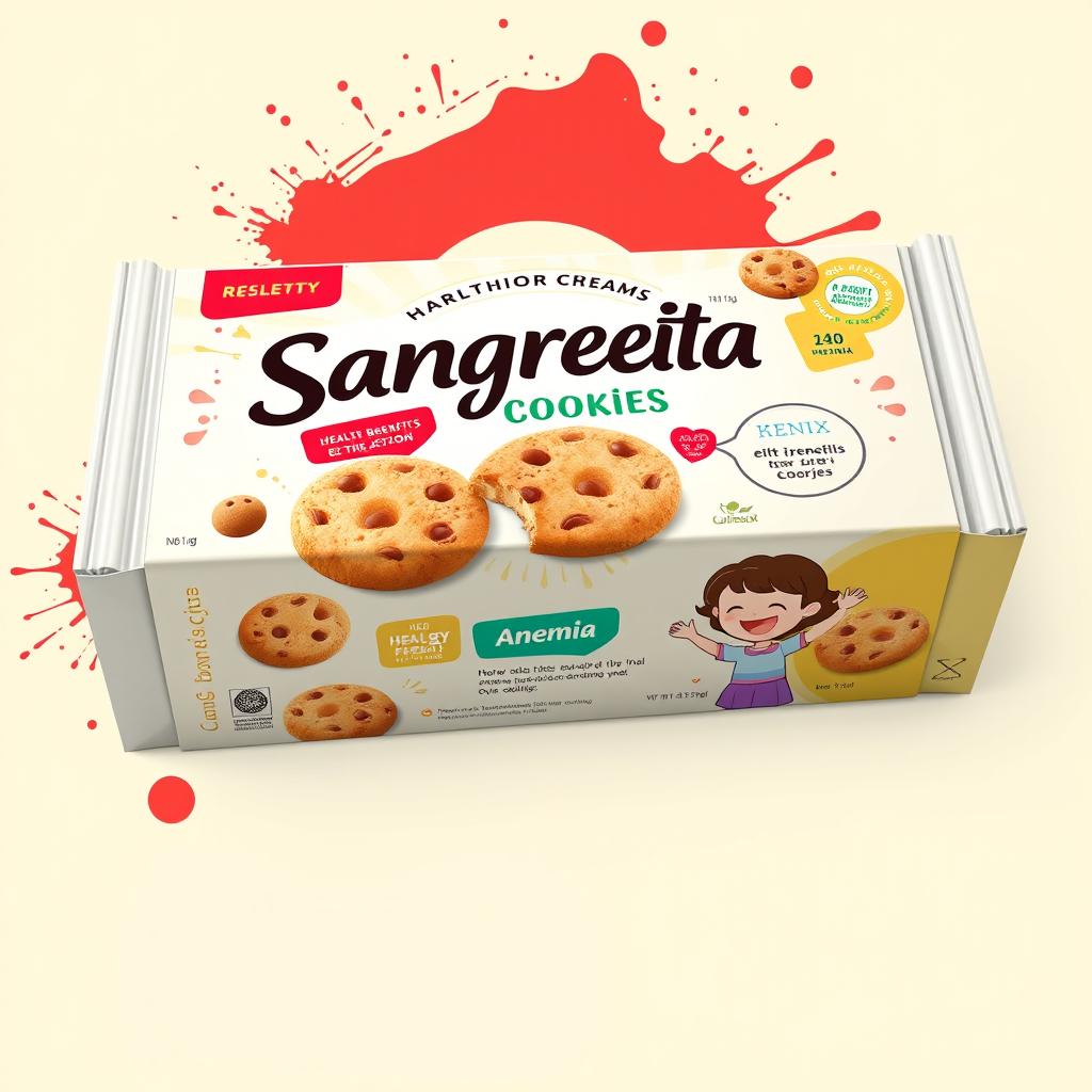 A colorful packaging design for a fictional health product, 'Sangrecita Cookies', specifically marketed for anemia