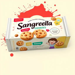 A colorful packaging design for a fictional health product, 'Sangrecita Cookies', specifically marketed for anemia
