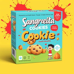 A colorful packaging design for a fictional health product, 'Sangrecita Cookies', specifically marketed for anemia