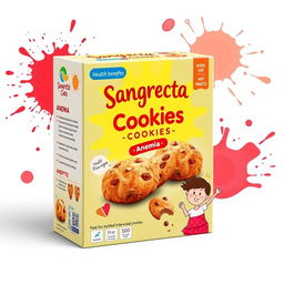 A colorful packaging design for a fictional health product, 'Sangrecita Cookies', specifically marketed for anemia