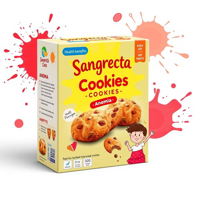 A colorful packaging design for a fictional health product, 'Sangrecita Cookies', specifically marketed for anemia