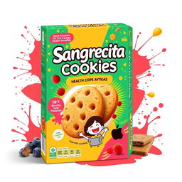 A colorful packaging design for a fictional health product, 'Sangrecita Cookies', specifically marketed for anemia