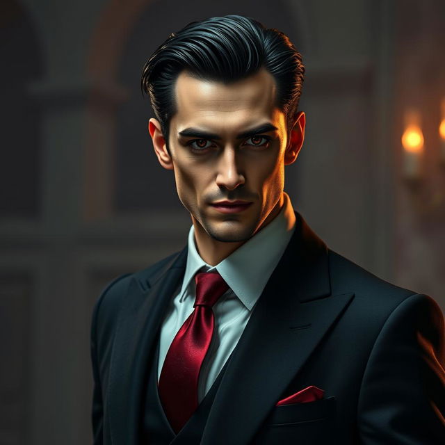 A human man inspired by the appearances of Crowley from Supernatural and Good Omens, featuring slicked-back dark hair with a subtle wave and striking red-tinted eyes