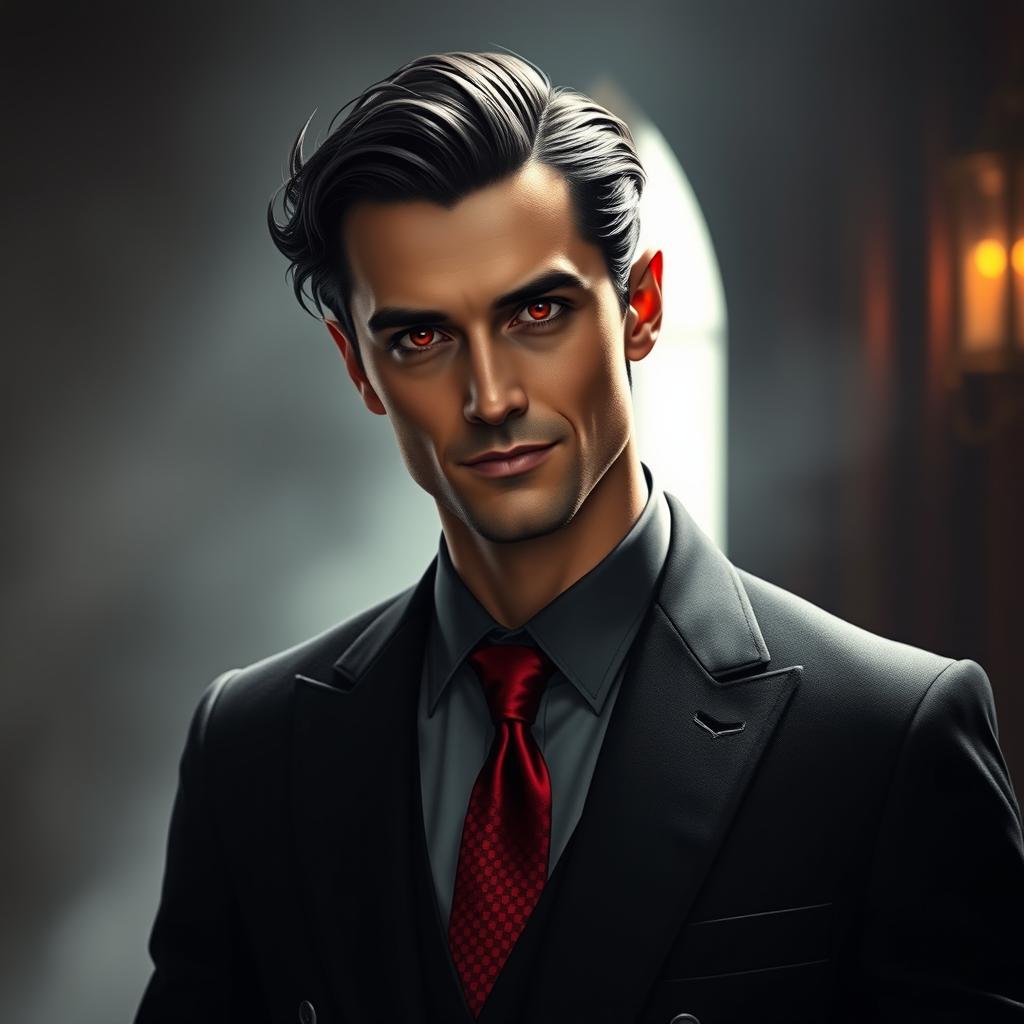 A human man inspired by the appearances of Crowley from Supernatural and Good Omens, featuring slicked-back dark hair with a subtle wave and striking red-tinted eyes