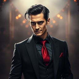 A human man inspired by the appearances of Crowley from Supernatural and Good Omens, featuring slicked-back dark hair with a subtle wave and striking red-tinted eyes