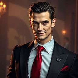 A human man inspired by the appearances of Crowley from Supernatural and Good Omens, featuring slicked-back dark hair with a subtle wave and striking red-tinted eyes