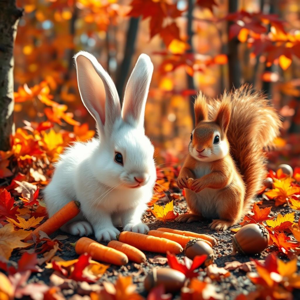 A charming scene in a colorful forest where a cute rabbit and a cheerful squirrel are preparing for winter