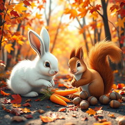 A charming scene in a colorful forest where a cute rabbit and a cheerful squirrel are preparing for winter
