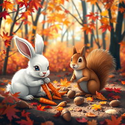 A charming scene in a colorful forest where a cute rabbit and a cheerful squirrel are preparing for winter