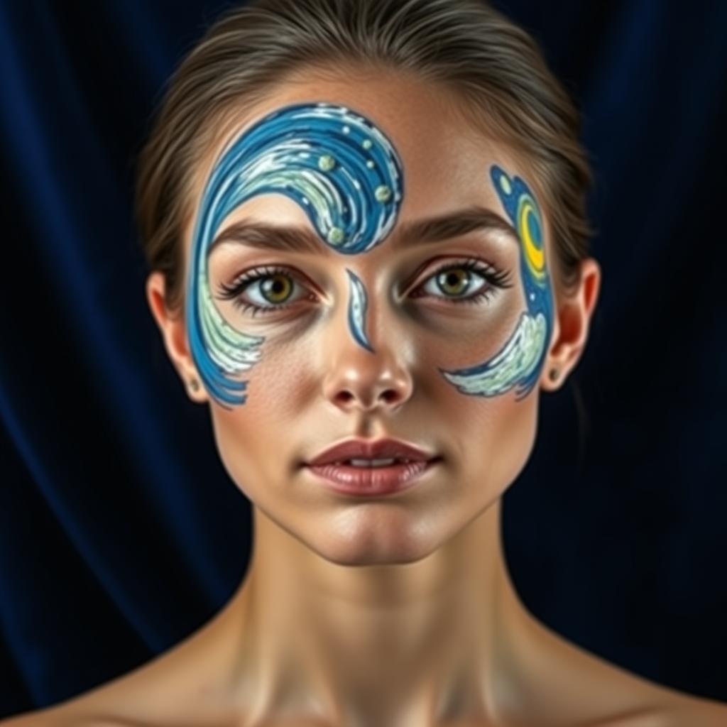 A serene woman with a calm and natural expression at the center of the image, her face artistically adorned with a vibrant design inspired by The Starry Night, featuring swirling brushstrokes in shades of blue, white, and yellow that convey movement and energy