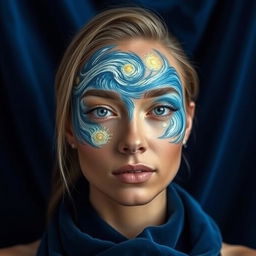 A serene woman with a calm and natural expression at the center of the image, her face artistically adorned with a vibrant design inspired by The Starry Night, featuring swirling brushstrokes in shades of blue, white, and yellow that convey movement and energy
