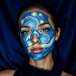 A serene woman with a calm and natural expression at the center of the image, her face artistically adorned with a vibrant design inspired by The Starry Night, featuring swirling brushstrokes in shades of blue, white, and yellow that convey movement and energy
