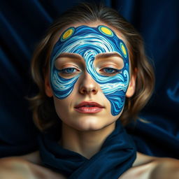 A serene woman with a calm and natural expression at the center of the image, her face artistically adorned with a vibrant design inspired by The Starry Night, featuring swirling brushstrokes in shades of blue, white, and yellow that convey movement and energy