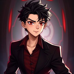 A young human man inspired by the appearances of Crowley from Supernatural and Good Omens, featuring tousled dark hair with slight curls and captivating red-tinted eyes that convey mischief and charm
