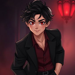 A young human man inspired by the appearances of Crowley from Supernatural and Good Omens, featuring tousled dark hair with slight curls and captivating red-tinted eyes that convey mischief and charm