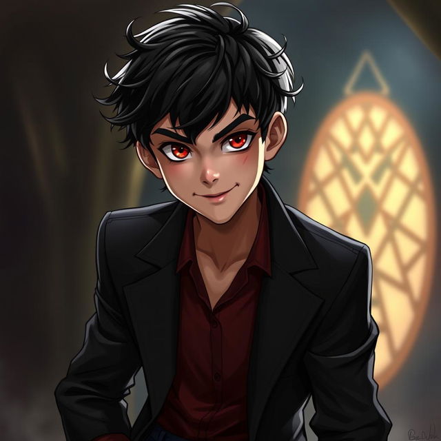 A young human man inspired by the appearances of Crowley from Supernatural and Good Omens, featuring tousled dark hair with slight curls and captivating red-tinted eyes that convey mischief and charm