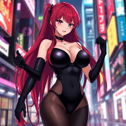 A sexy anime girl with long, vibrant red hair that flows elegantly down her back, showcasing her voluptuous figure with huge breasts that accentuate her femininity