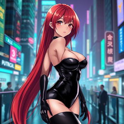A sexy anime girl with long, vibrant red hair that flows elegantly down her back, showcasing her voluptuous figure with huge breasts that accentuate her femininity