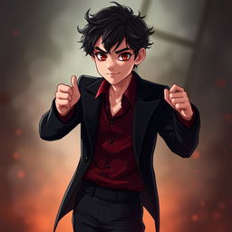 A young human man inspired by the appearances of Crowley from Supernatural and Good Omens, featuring tousled, dark hair with subtle waves and striking red-tinted eyes that reflect charm and mischief
