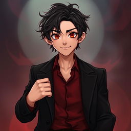 A young human man inspired by the appearances of Crowley from Supernatural and Good Omens, featuring tousled, dark hair with subtle waves and striking red-tinted eyes that reflect charm and mischief