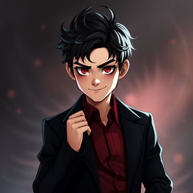 A young human man inspired by the appearances of Crowley from Supernatural and Good Omens, featuring tousled, dark hair with subtle waves and striking red-tinted eyes that reflect charm and mischief