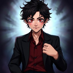 A young human man inspired by the appearances of Crowley from Supernatural and Good Omens, featuring tousled, dark hair with subtle waves and striking red-tinted eyes that reflect charm and mischief