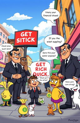 A vibrant cartoon scene depicting a bustling city street where a group of slick, cartoonish bad actors in suits are scheming to take money from innocent, unsuspecting people