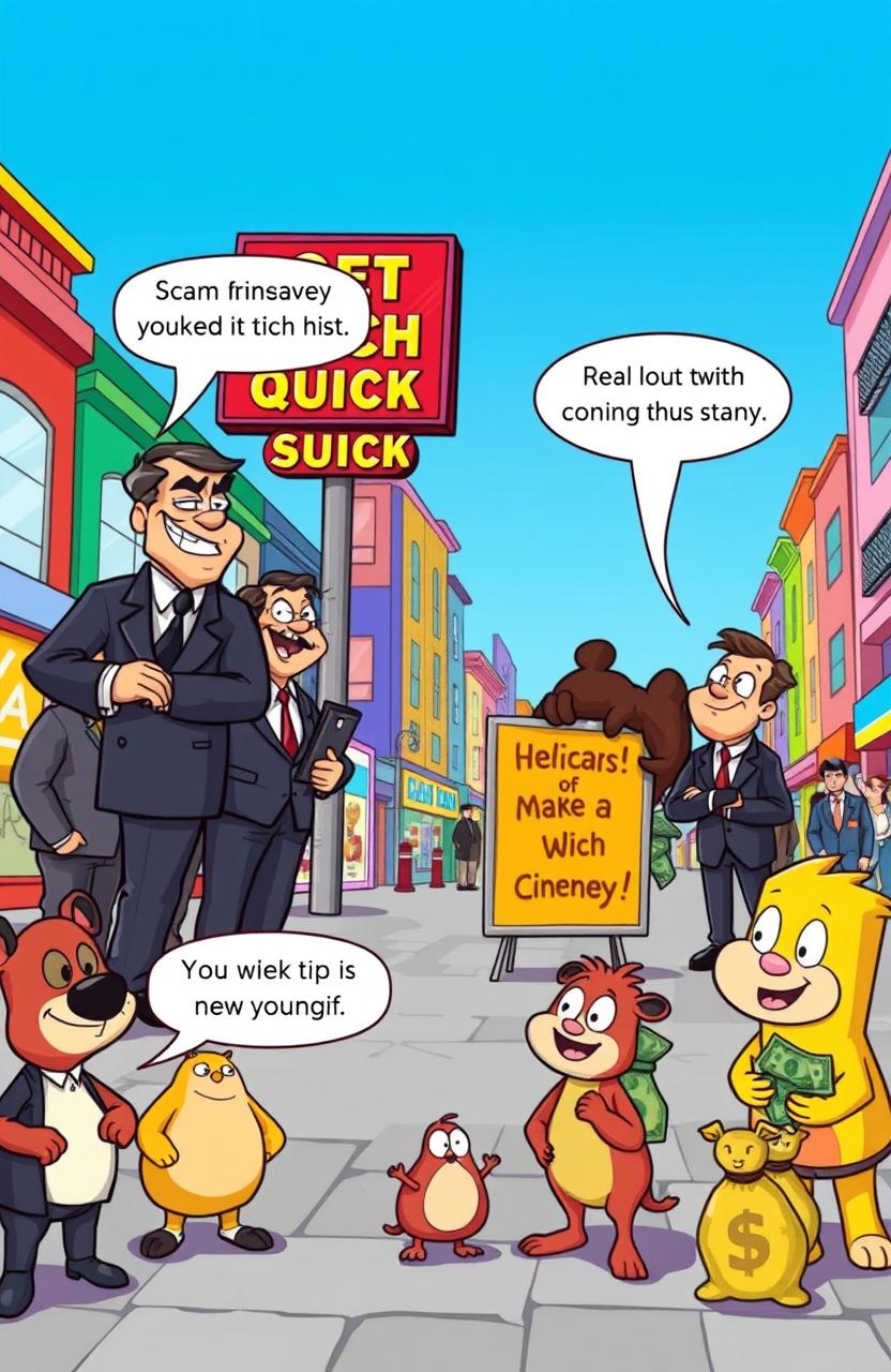A vibrant cartoon scene depicting a bustling city street where a group of slick, cartoonish bad actors in suits are scheming to take money from innocent, unsuspecting people